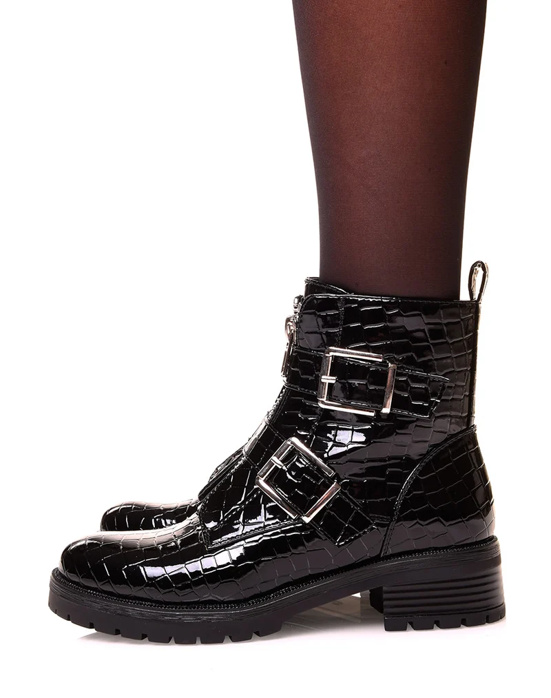 Boots noirs effet croco vernis à sangles