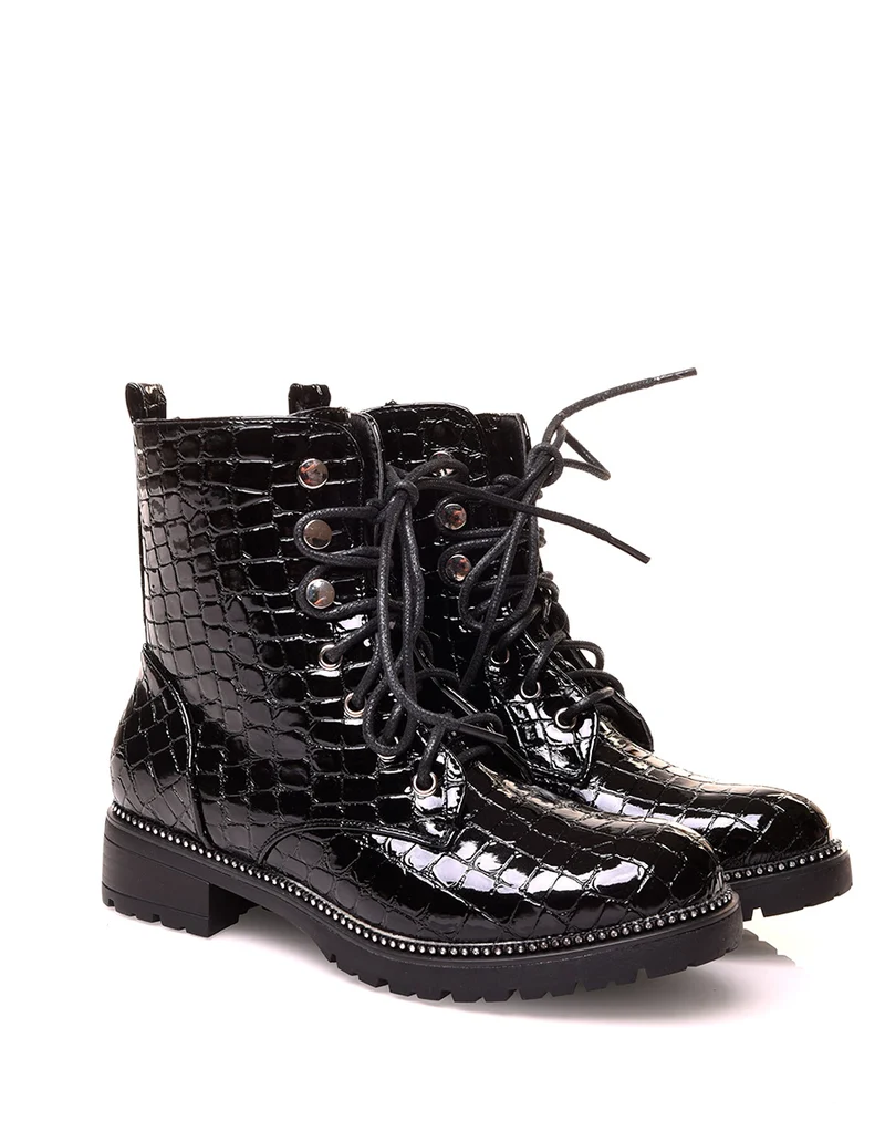 Bottines montantes noires vernies à effet croco