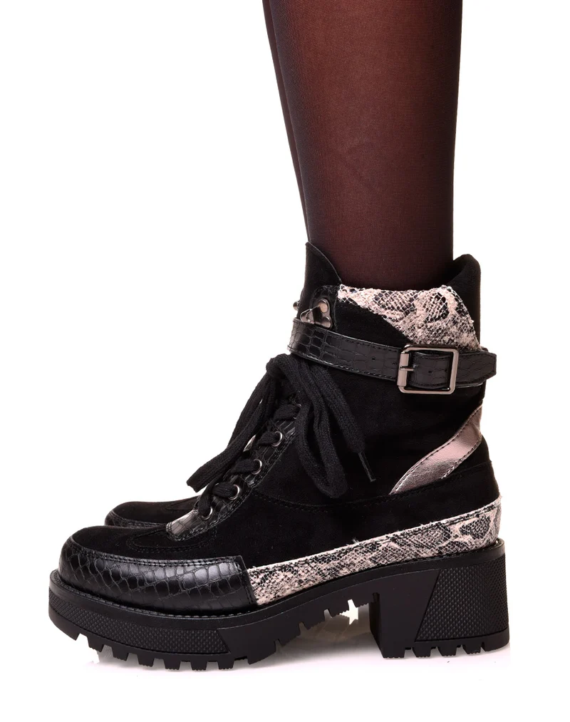 Bottines noires multi-matières à talon épais