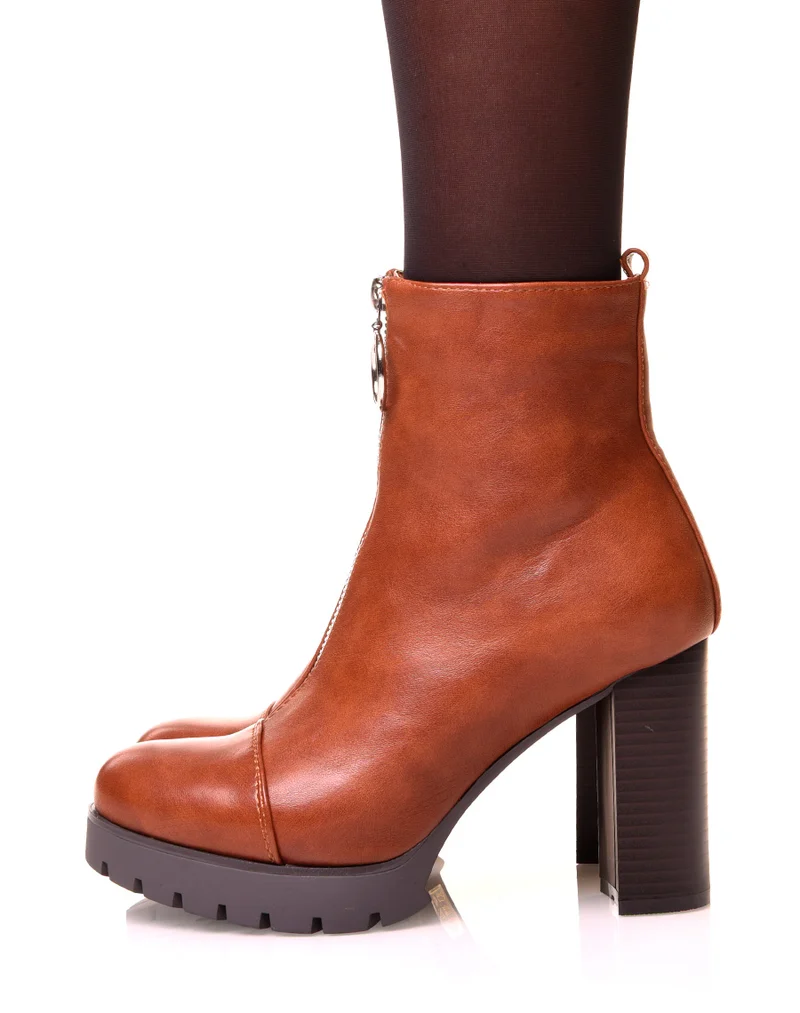Bottines à talon camel zippé à l’avant