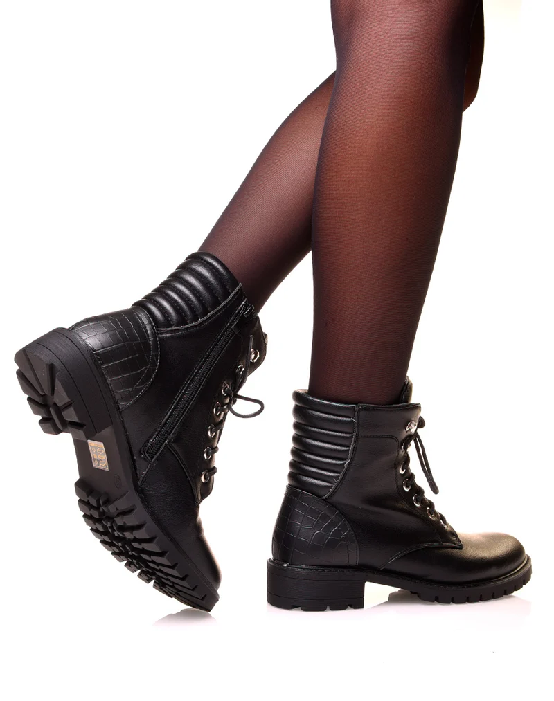 Boots bi-matière noirs effets croco à lacets
