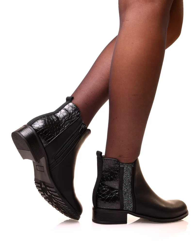 Bottines noires bi-matières effet croco