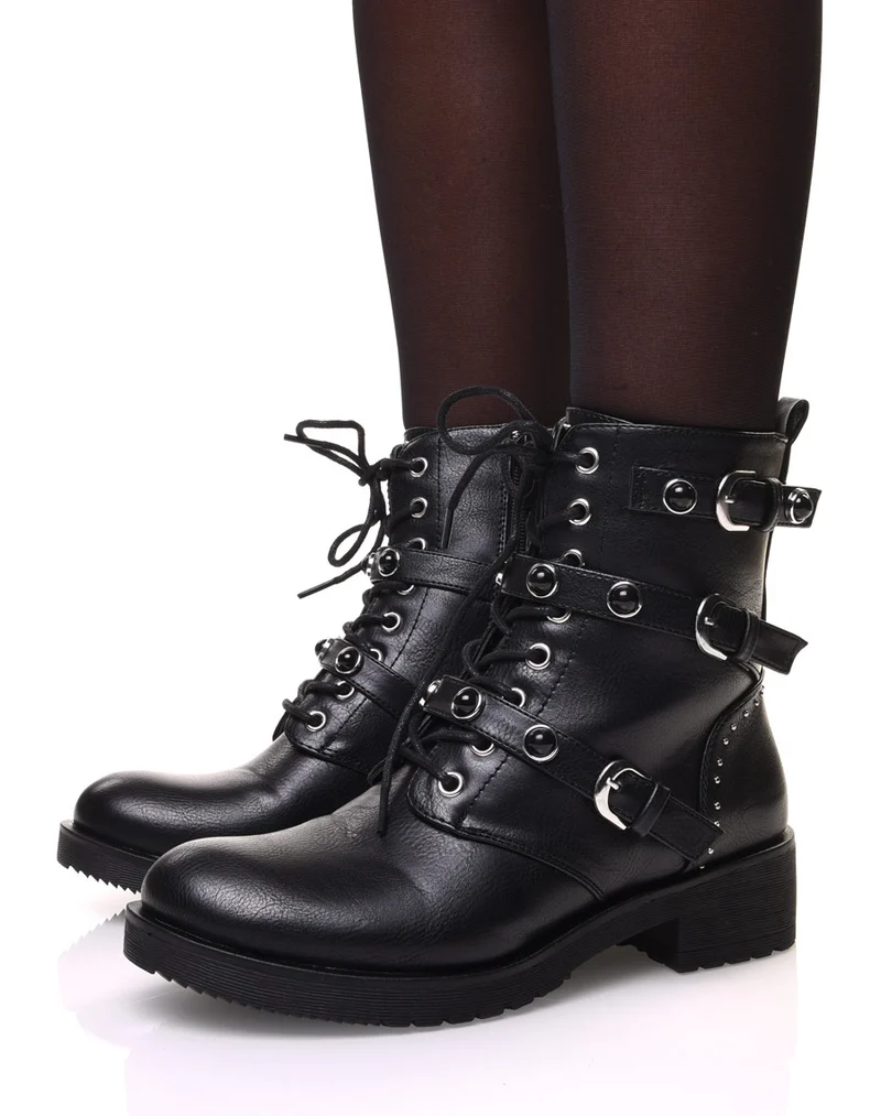 Bottines à lacets et sangles à détails clous