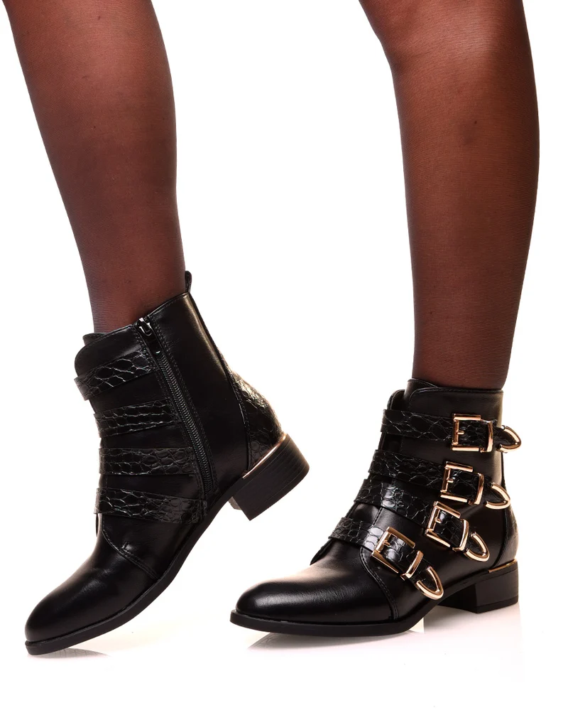 Bottines noires à multiples brides effet croco