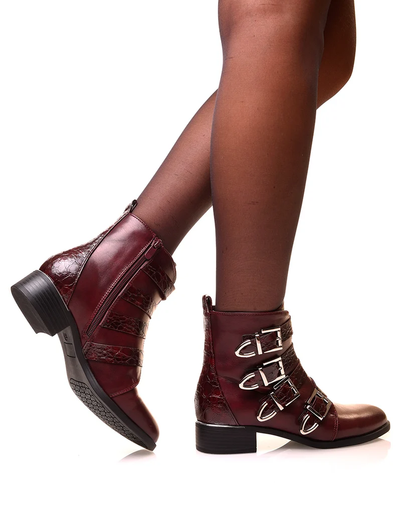 Bottines bordeaux à multiples brides effet croco