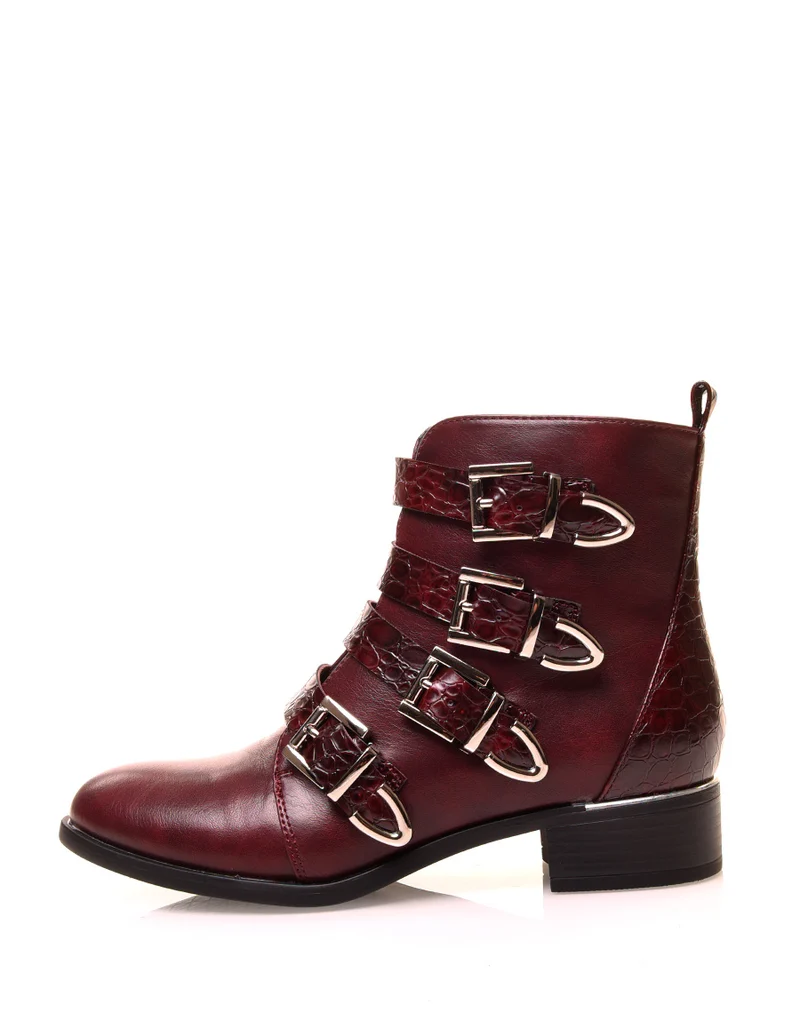 Bottines bordeaux à multiples brides effet croco