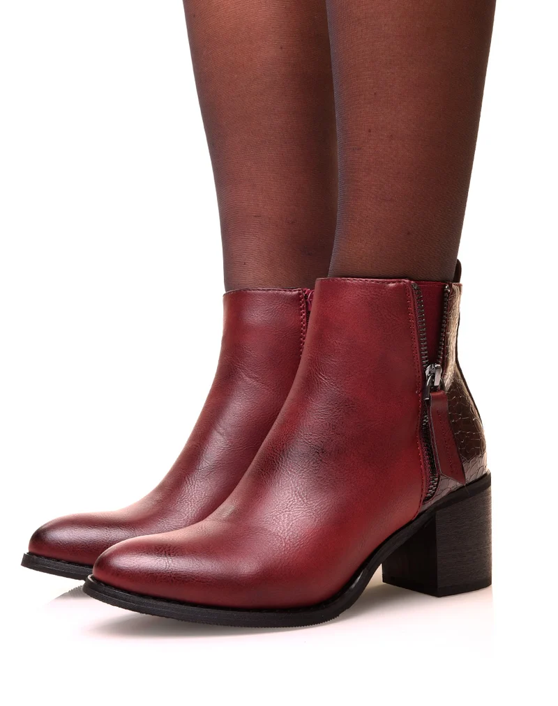 Bottines bordeaux à talons carrés bi-matières effet croco