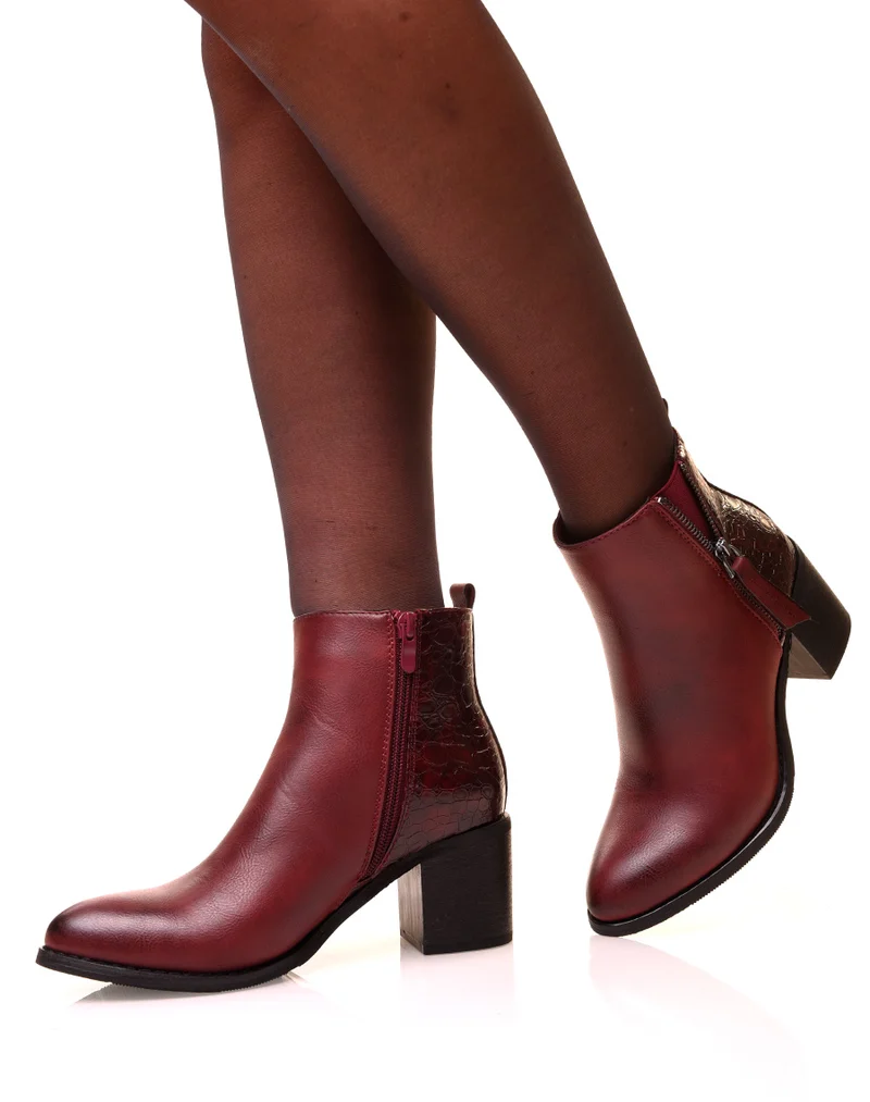 Bottines bordeaux à talons carrés bi-matières effet croco