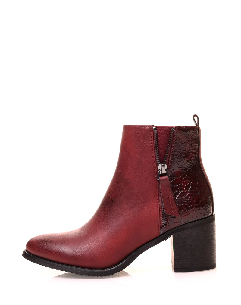 Bottines bordeaux à talons carrés bi-matières effet croco