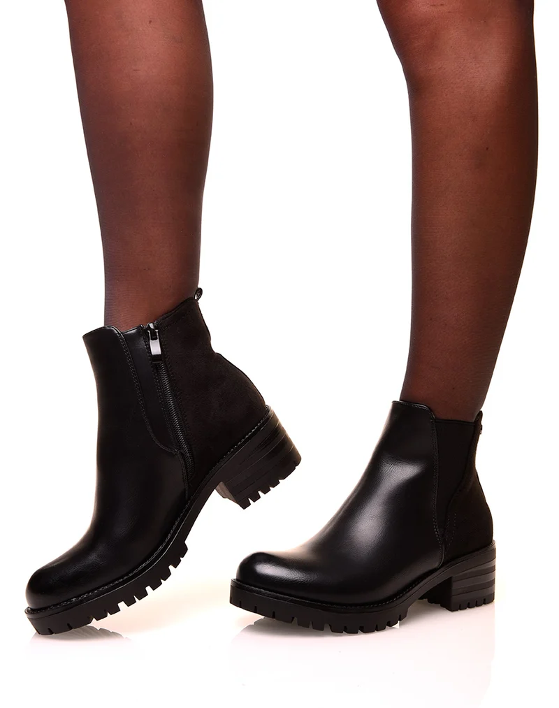 Bottines noires bi-matières effet suédine et élastique échancré