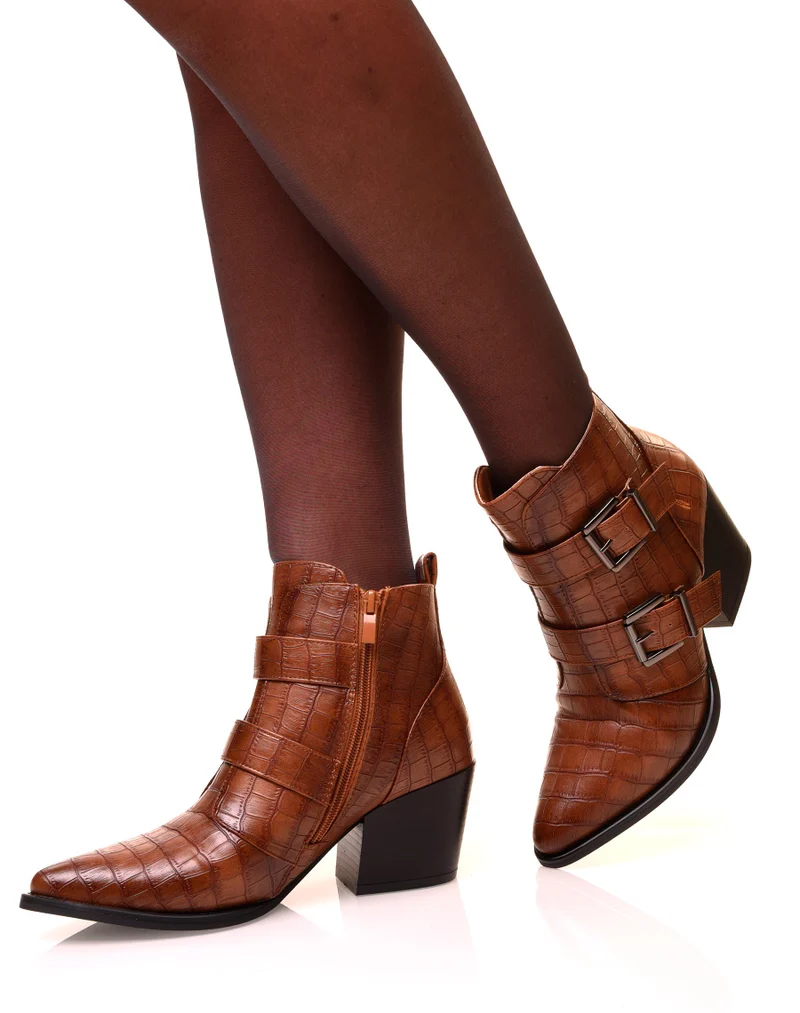 Bottines camel à talons et à effet croco