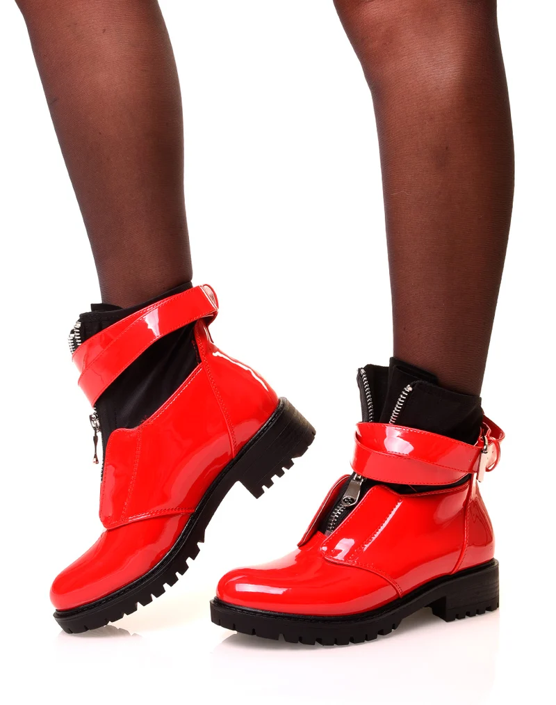 Bottines rouges vernies à zip effet chaussette