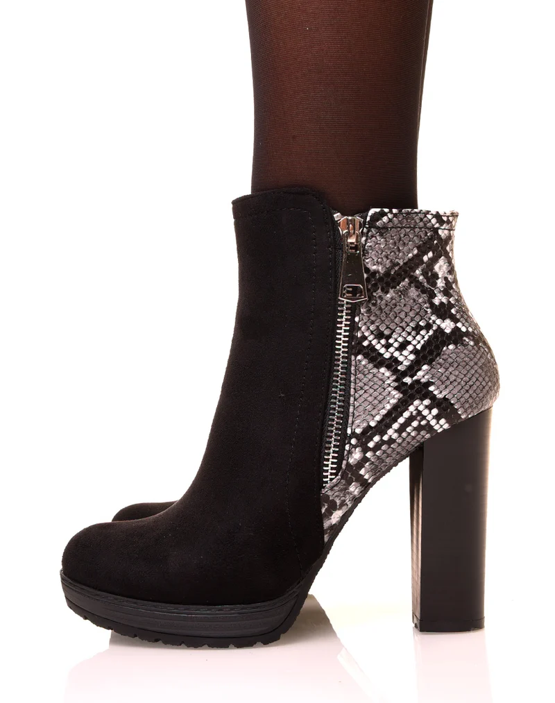 Bottines à talons effet python bi-matières