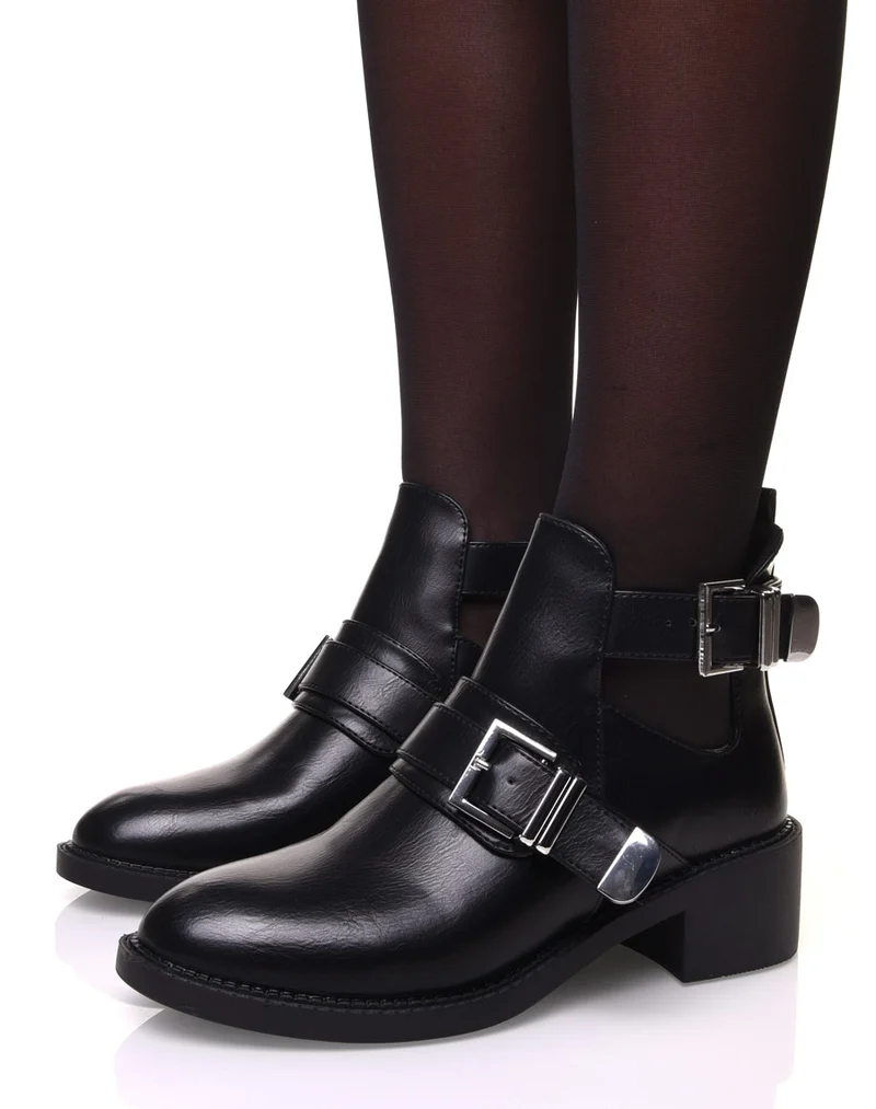 Bottines noires ajourées à sangle décorative