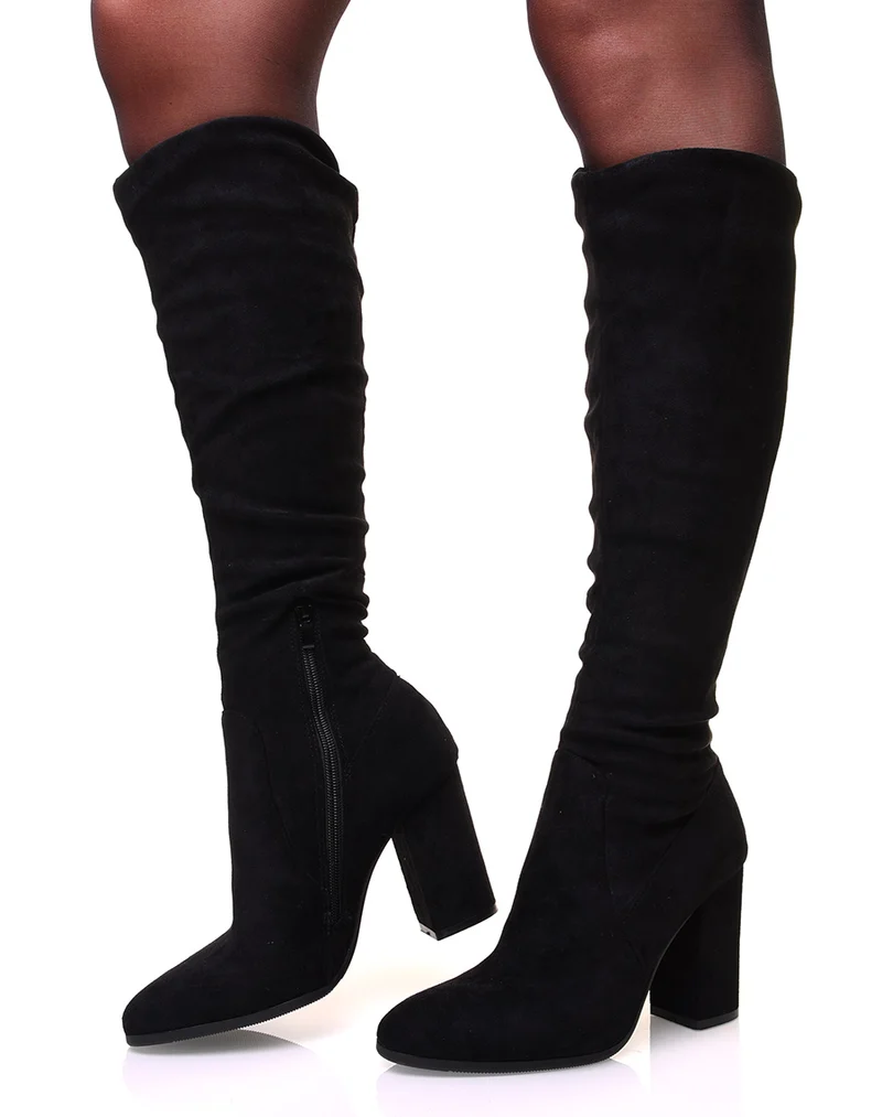 Bottes noires à talon plissé en suédine