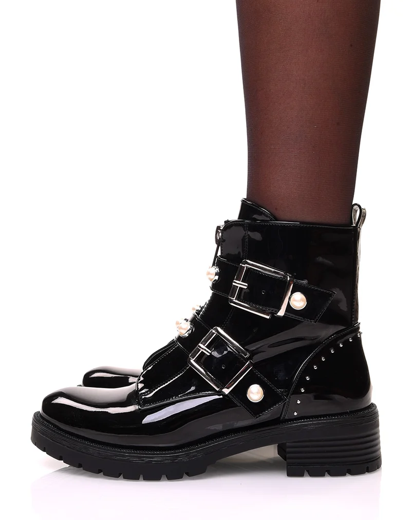 Bottines montantes vernies noires à fermeture éclaire et sangles perlées