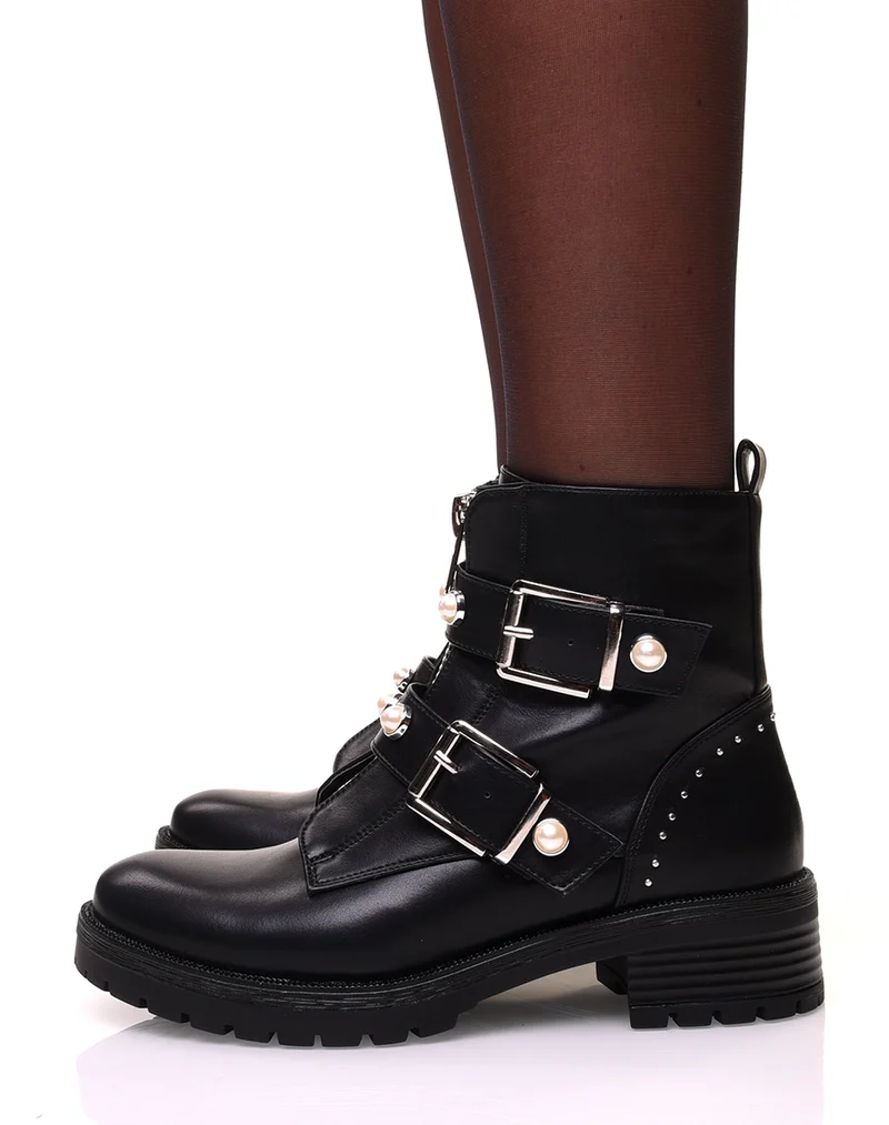 Bottines montantes noires à fermeture éclaire et sangles perlées
