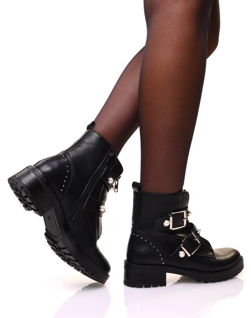 Bottines montantes noires à fermeture éclaire et sangles perlées