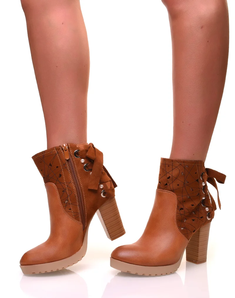 Bottines à talons camelles bi-matières à noeuds et perles