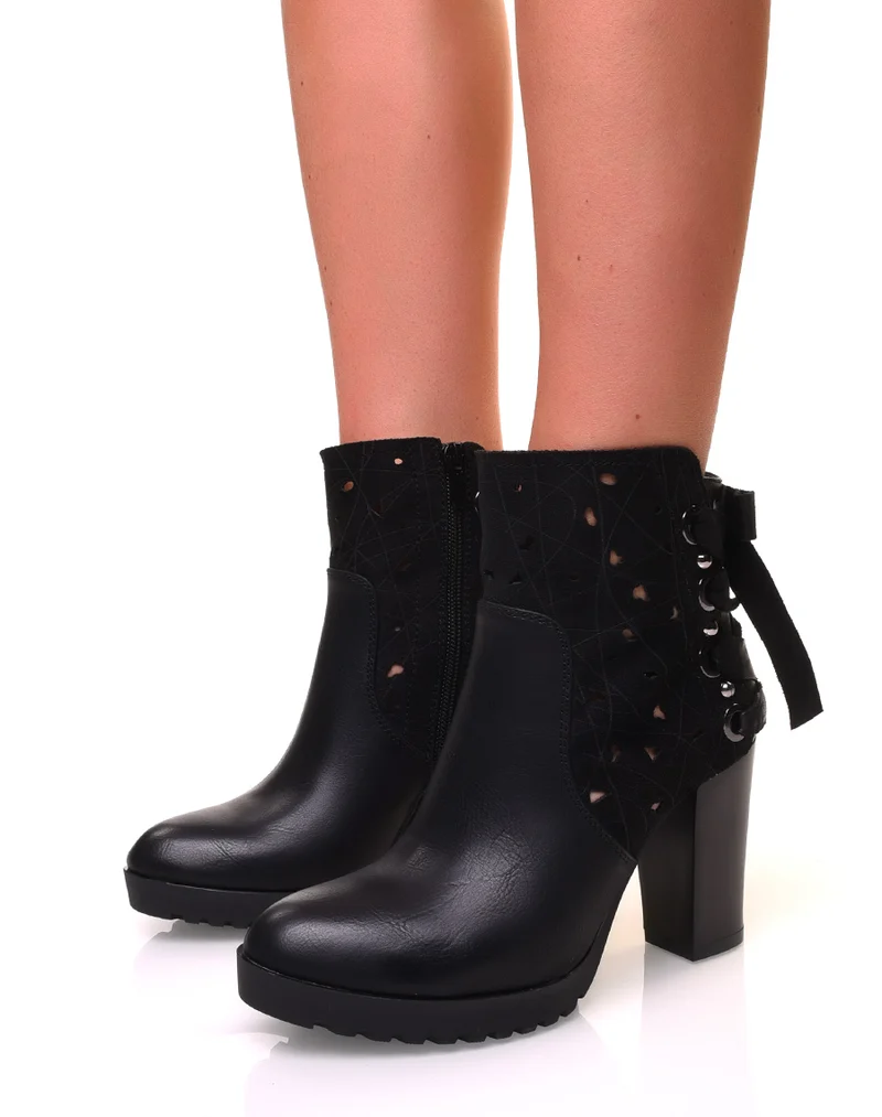 Bottines à talons noires bi-matières à noeuds et perles