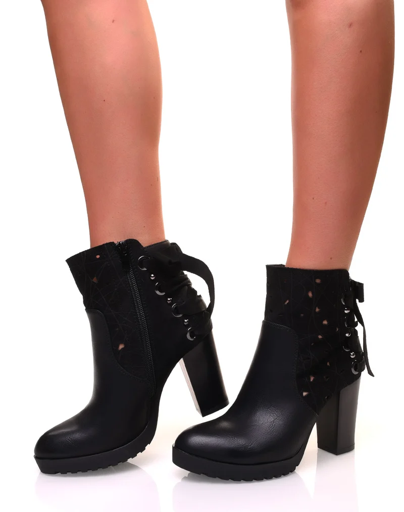 Bottines à talons noires bi-matières à noeuds et perles