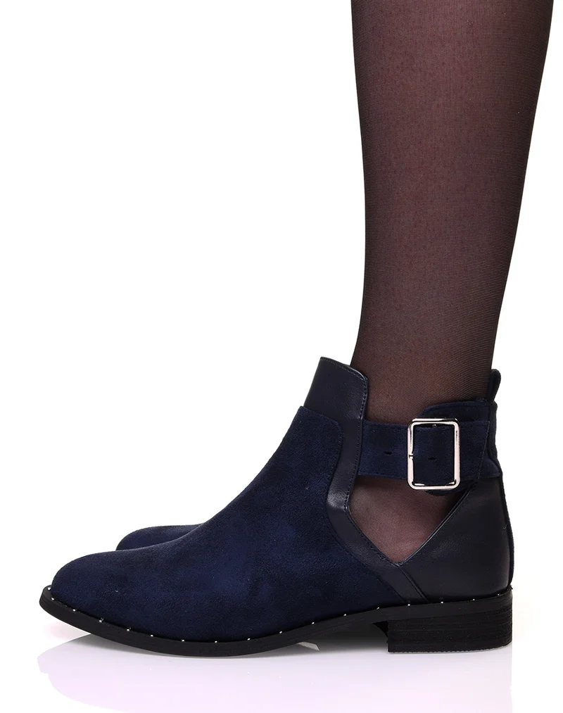 Bottines bleues bi-matières ajourées cloutés