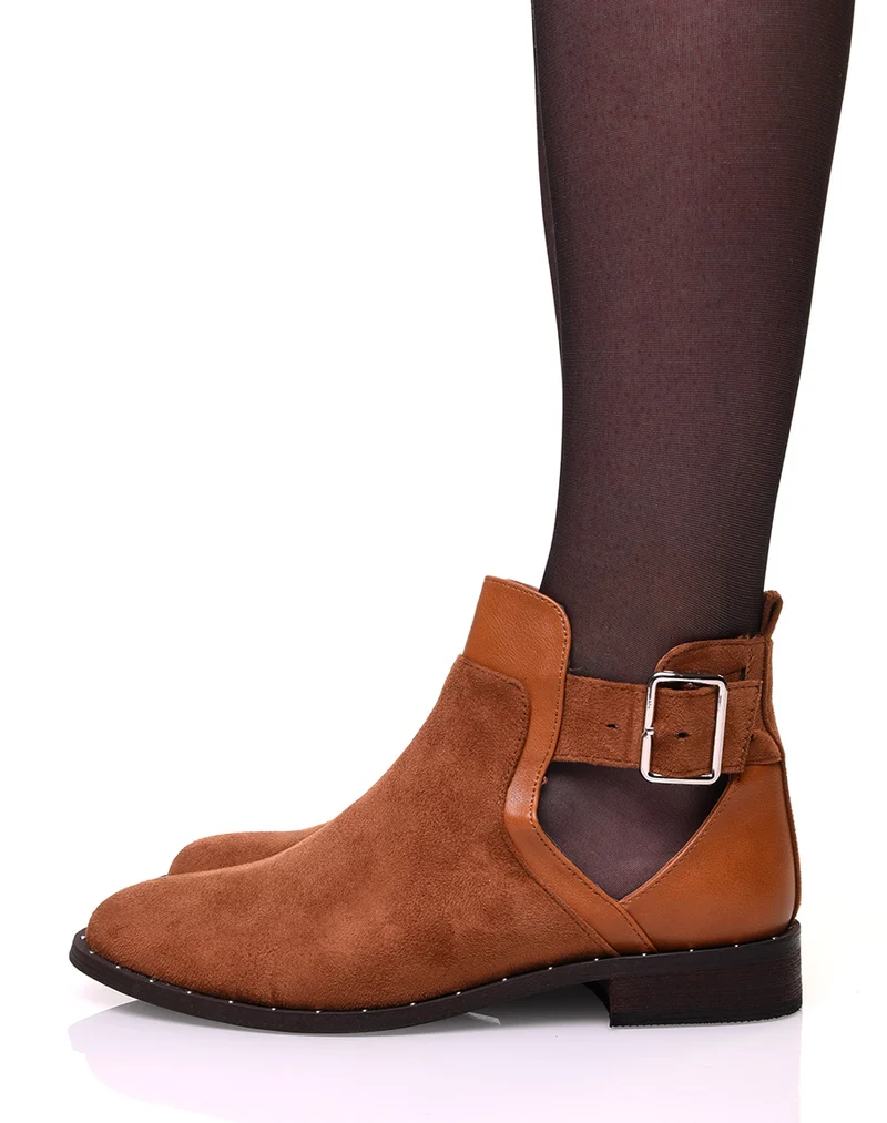 Bottines camels bi-matières ajourées cloutés