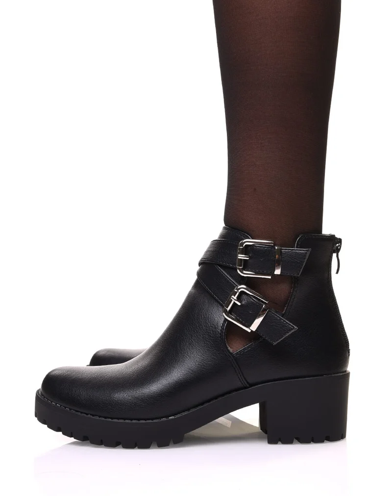 Bottines noires ajourées à talon et semelle crantée