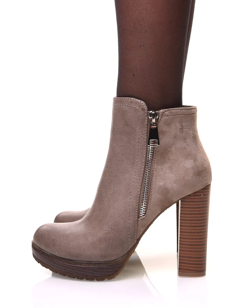 Bottines à talons kaki bi-matières