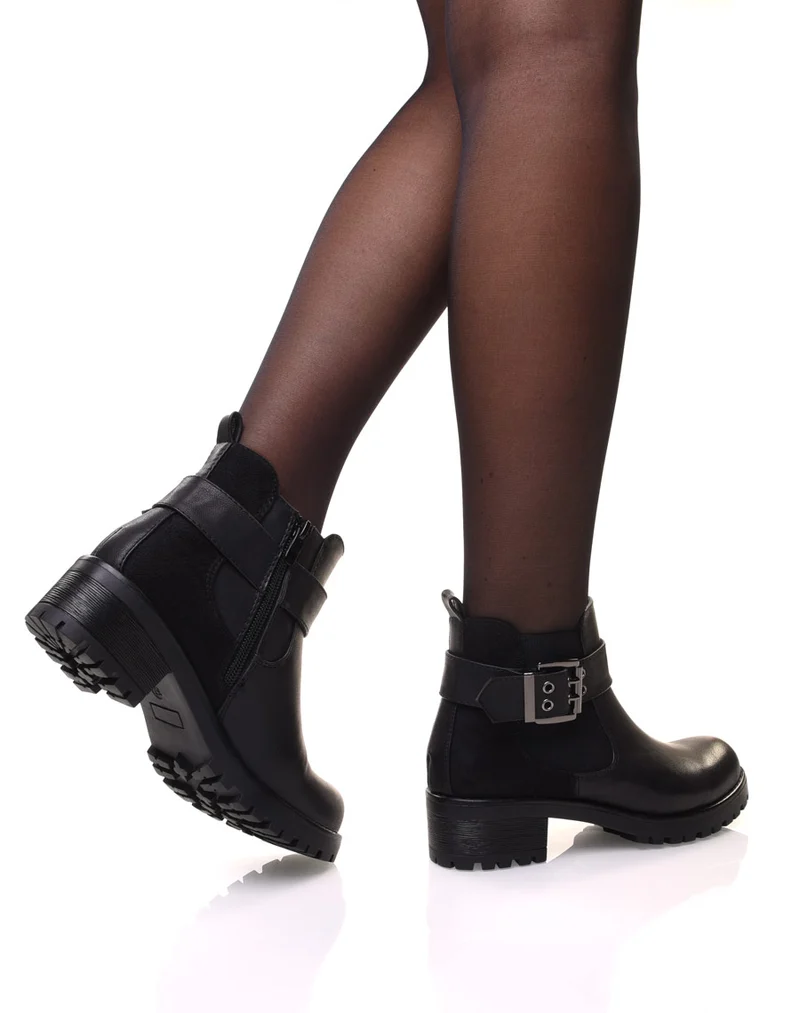 Bottines bi-matières noires à semelle crantée