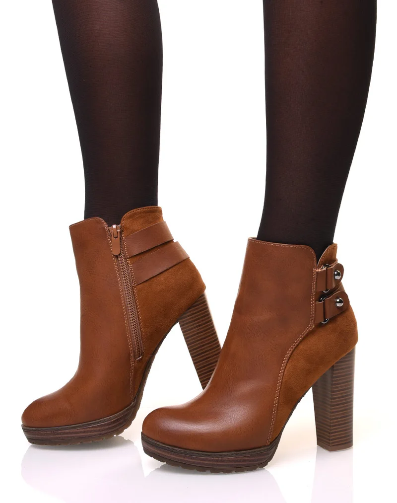 Bottines camelles à talons haut bi-matière