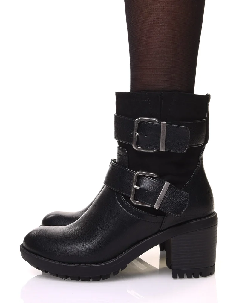 Bottines bi-matière à sangles noires à talon