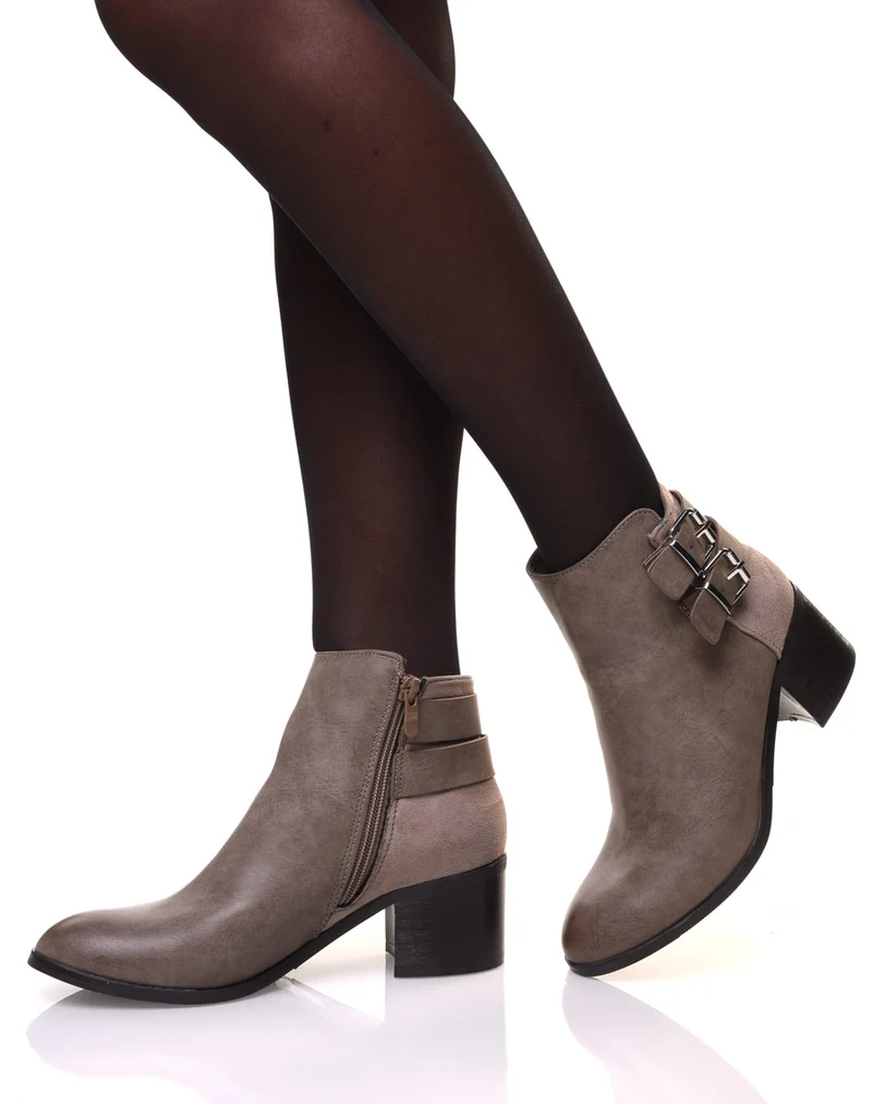 Bottines bi-matière taupe à talon
