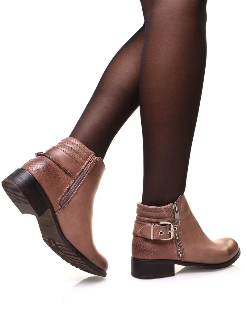 Bottines roses bi matières à motifs python