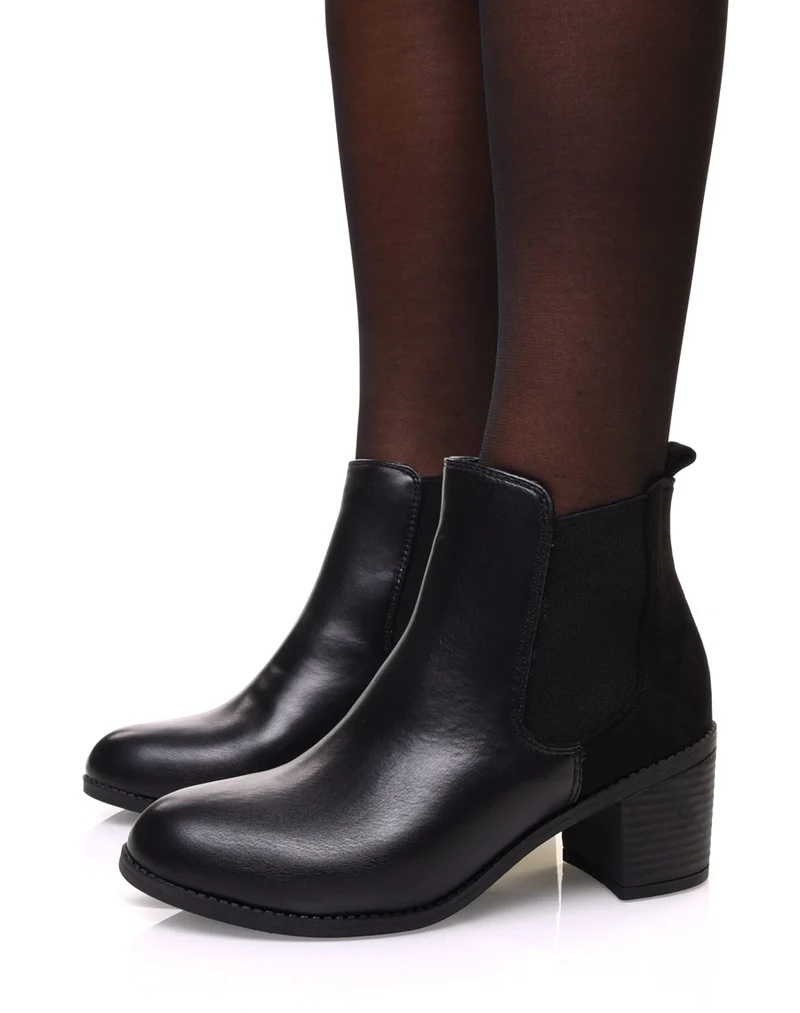 Chelsea boots noires bi matières à talon mi haut