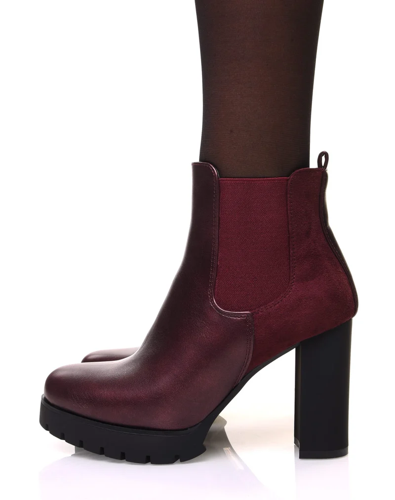 Chelsea boots bordeaux bi matières à talons et plateforme crantée