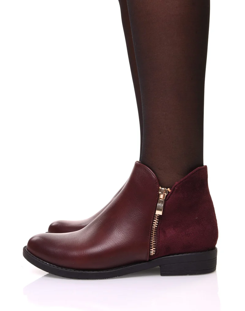 Bottines bordeaux bi matières basses