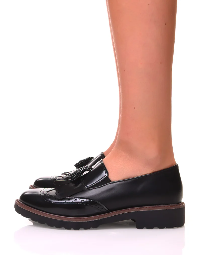 Mocassins noirs bi-matières à franges avec un pompom