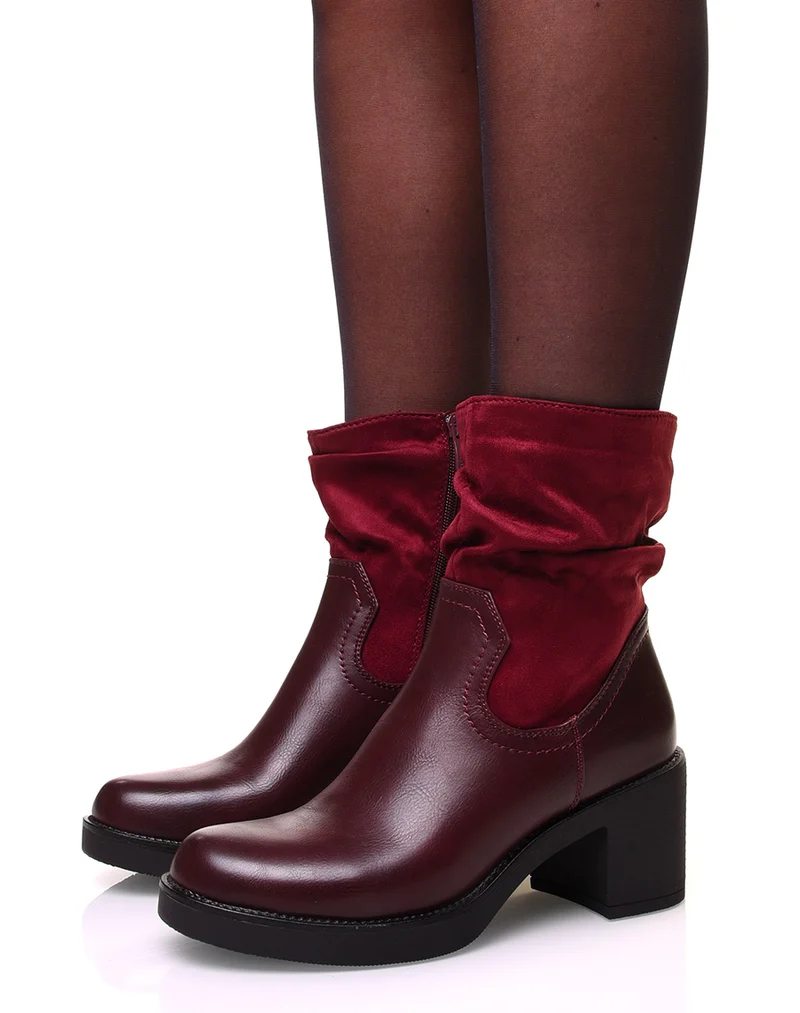 Bottines bordeaux à talon bi-matière