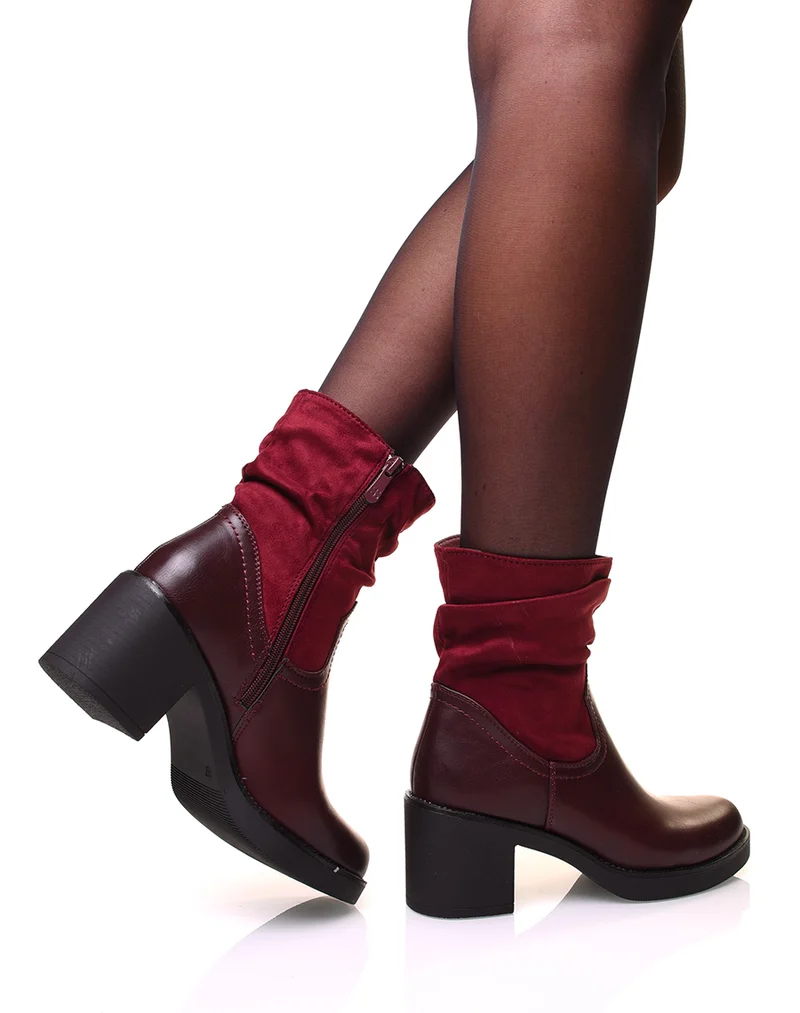 Bottines bordeaux à talon bi-matière