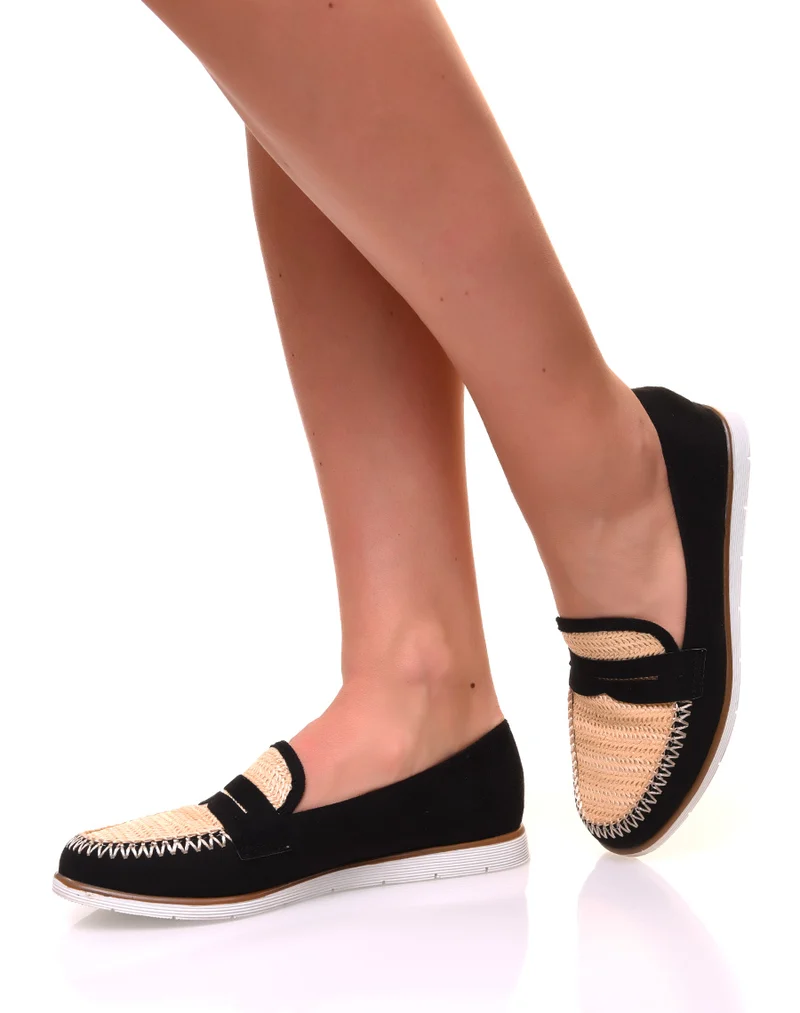 Mocassins en suédine noire et effet osier