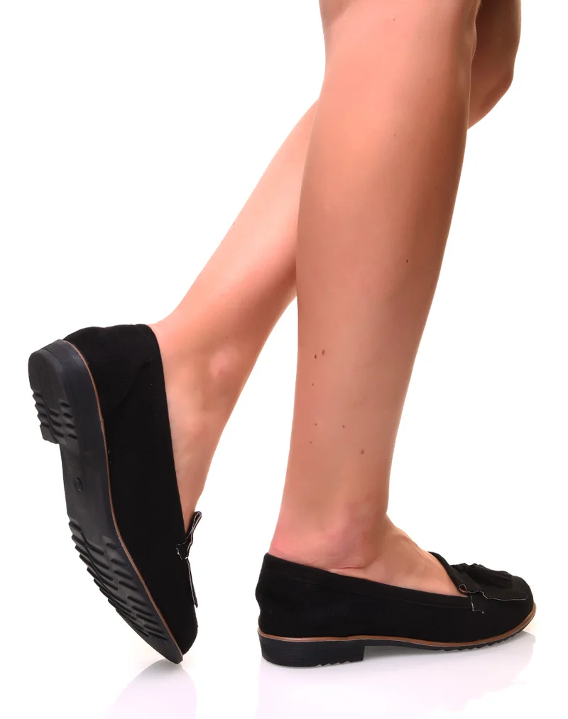 Mocassins à franges et pompons en suédine noire