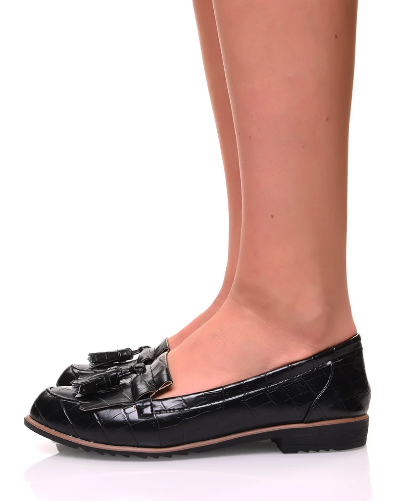 Mocassins à franges et pompons effet croco noir