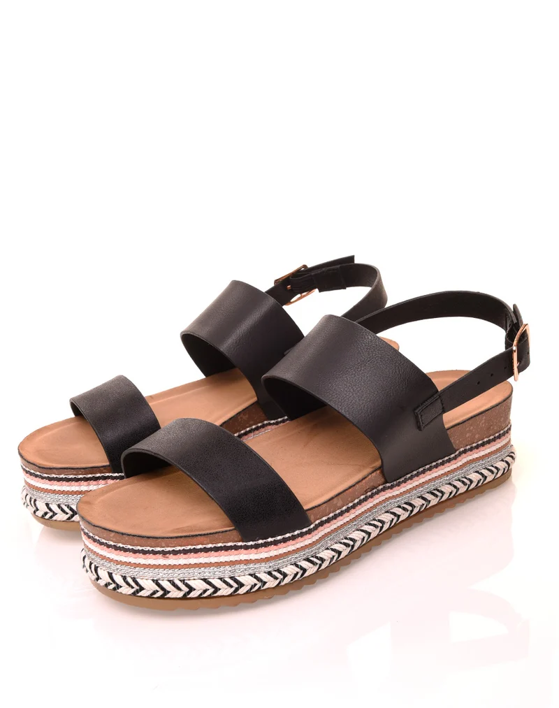 Sandales à brides noires et plateformes à motifs