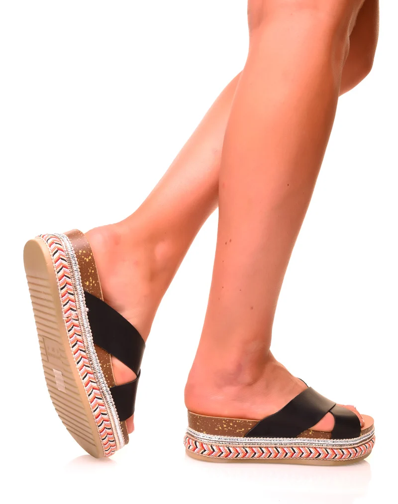 Mules noires à doubles brides croisées et semelles tressées