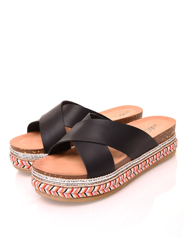 Mules noires à doubles brides croisées et semelles tressées