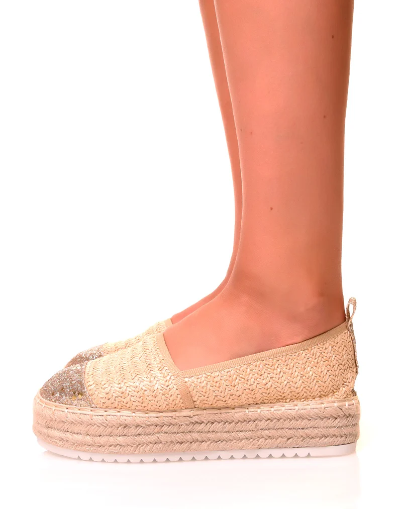 Espadrilles beige compensées à détails paillettés