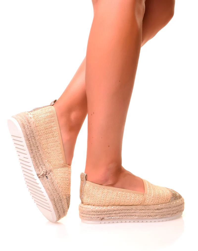 Espadrilles beige compensées à détails paillettés