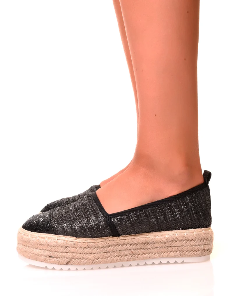 Espadrilles noires compensées à détails paillettés noirs