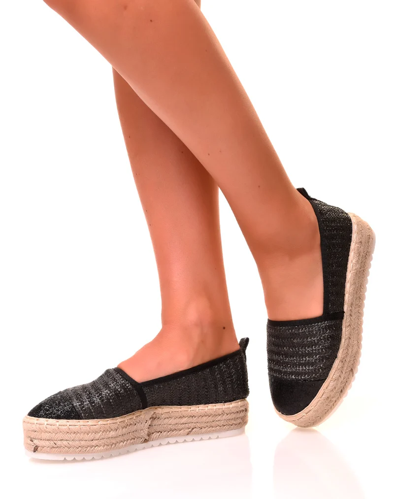Espadrilles noires compensées à détails paillettés noirs
